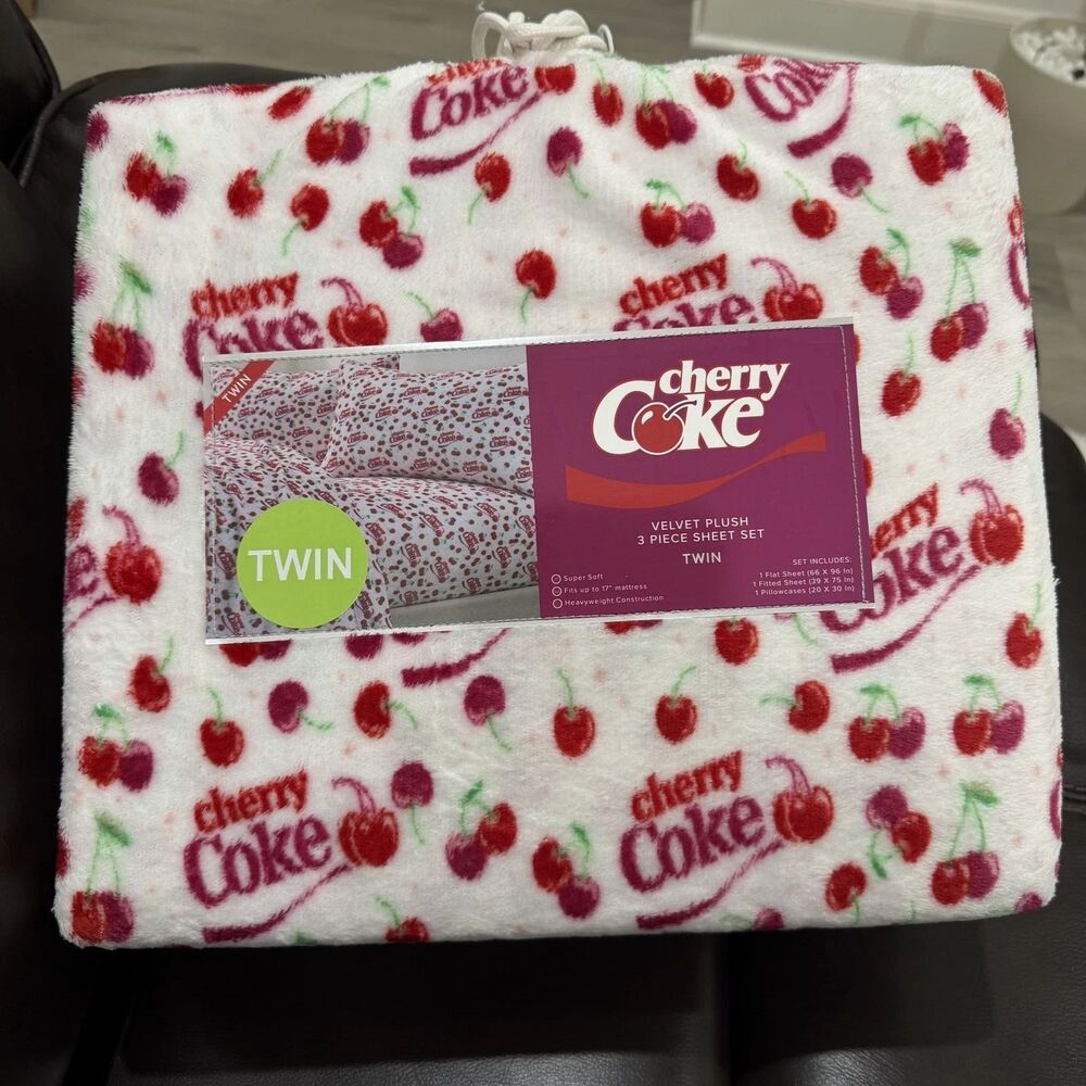 Coca Cola Cherry Coke 3pc Twin Velvet Plush Sheet Set NEW with tags